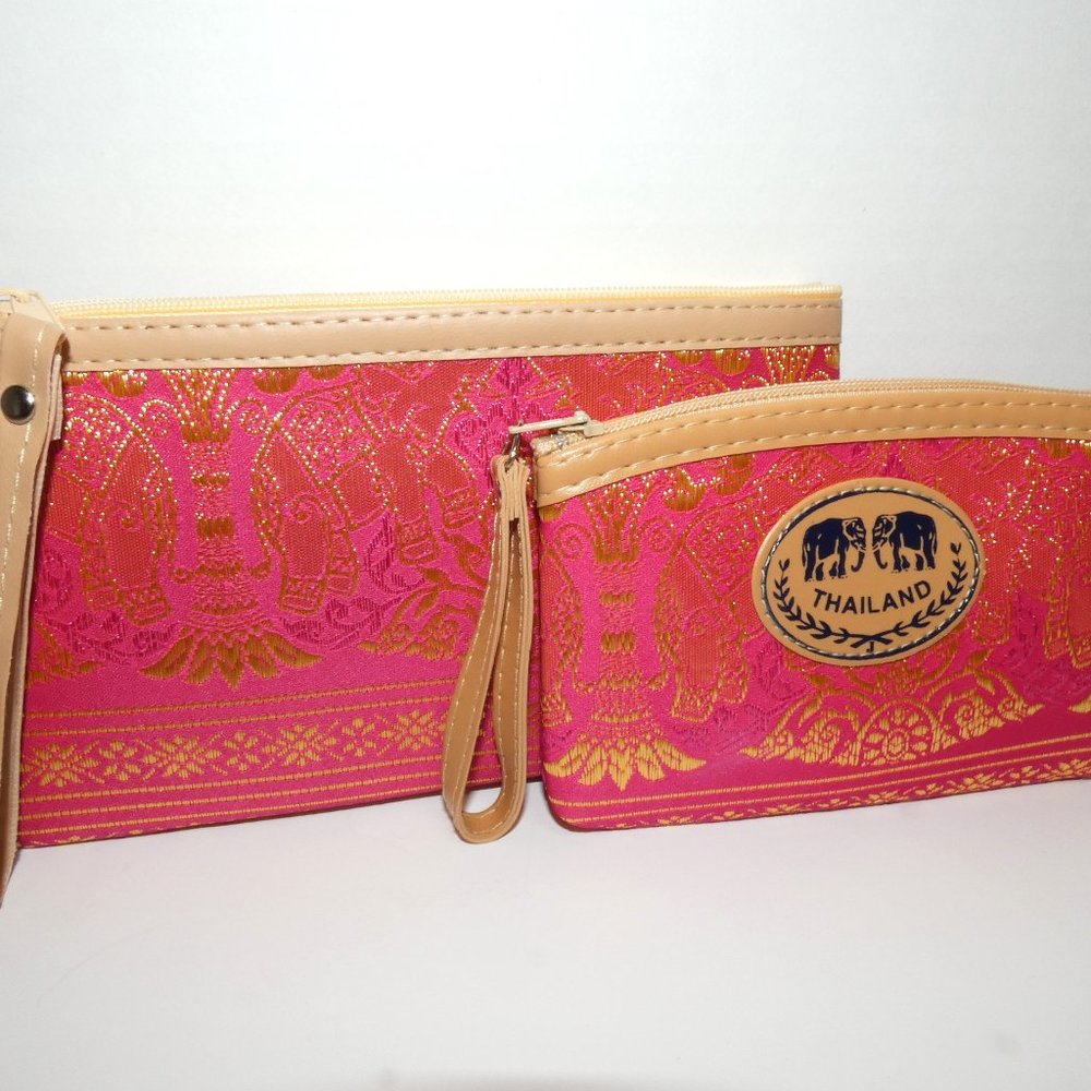 Set of 2 Pink Gold Coin Purse Makeup Bags Thailand Elephants NEW